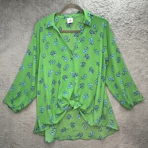 Cabi Women's Medium Green Blue Flowers Button Up Blouse Front Tie Flowy Feminine